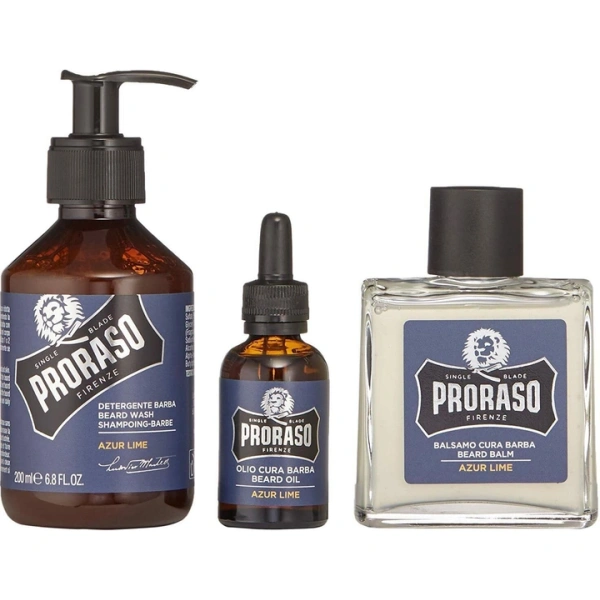 Proraso - Azur Lime Beard Care Kit (Beard wash 200ml, Beard balm 100ml, Beard oil 30ml)