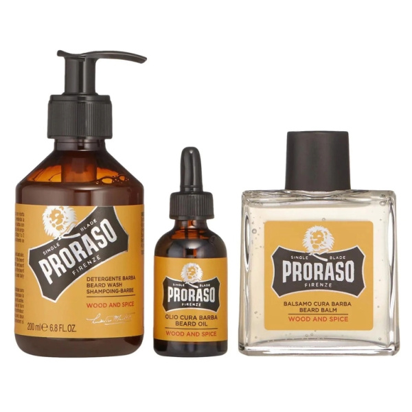 Proraso  - Wood and Spice Beard Care Kit ( Beard wash 200ml, Beard balm 100ml, Beard oil 30ml)