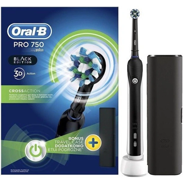 Oral-B Pro 750 CrossAction Black Edition Ηλεκτρική Οδοντόβουρτσα με Χρονομετρητή και Θήκη Ταξιδίου